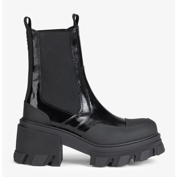 NWOB Ganni Cleated Heeled Mid Chelsea Boots Black Patent Leather Women's Size 39 - Picture 1 of 14